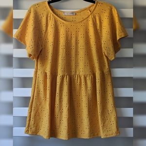 Ces Femme Yellow Eyelet Peplum Top - Size Small